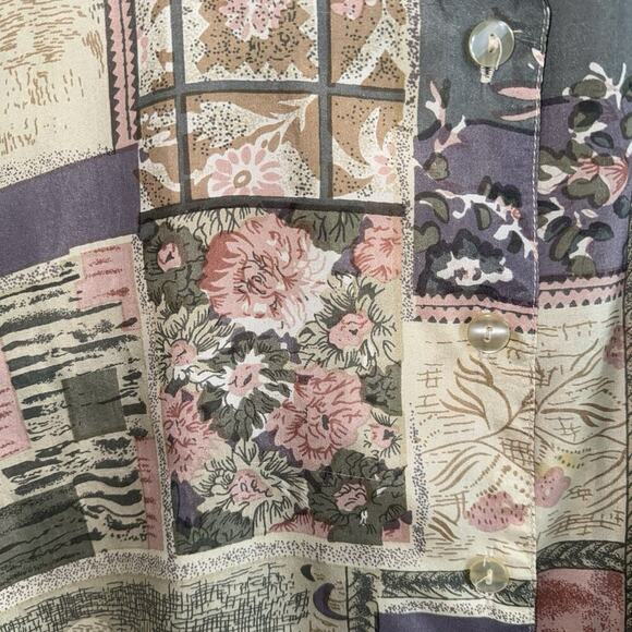 Vintage Stunt Petite 100% Silk Woman Blouse PL Pink Purple Floral Short Sleeve - Picture 7 of 7